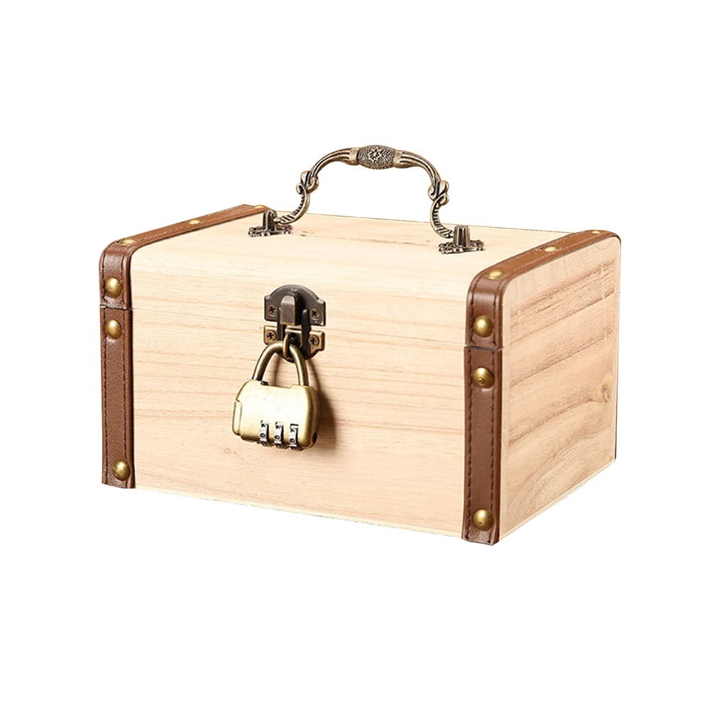Household Small Safe Deposit Box Child Little Girl Wooden Piggy Bank Retro Desktop Storage Box: L Original  password