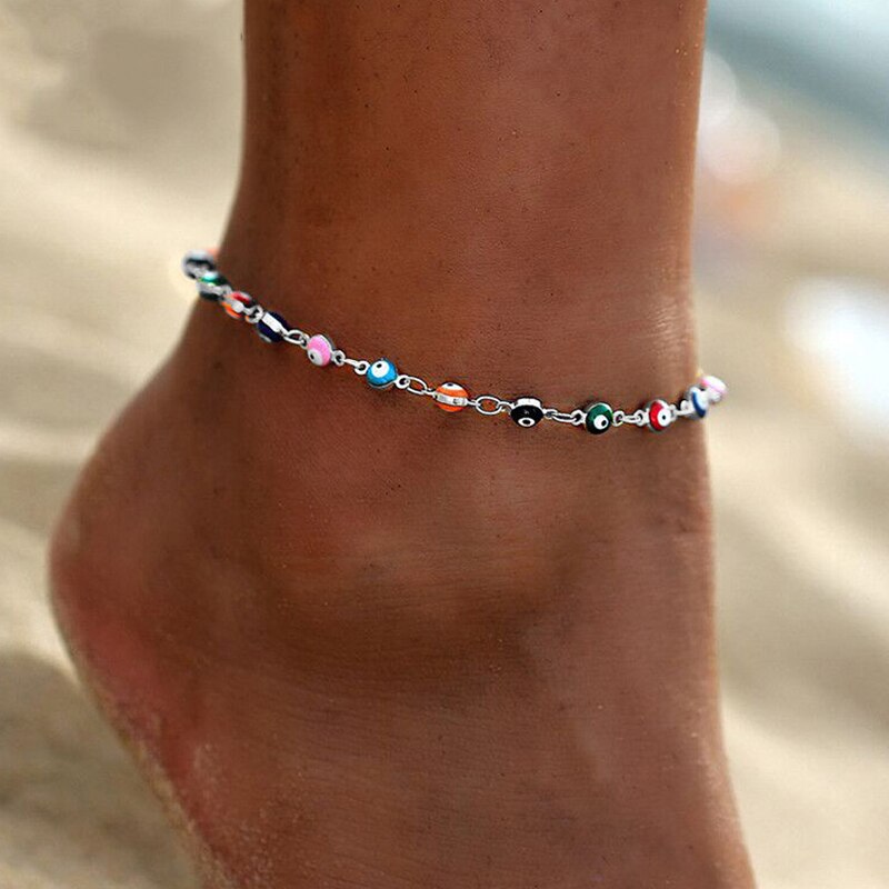 Tobillera de conchas de cuentas de ojo colorido bohemio para mujer, pulsera de tobillo de playa, cadena para pierna y pie, joyería: L