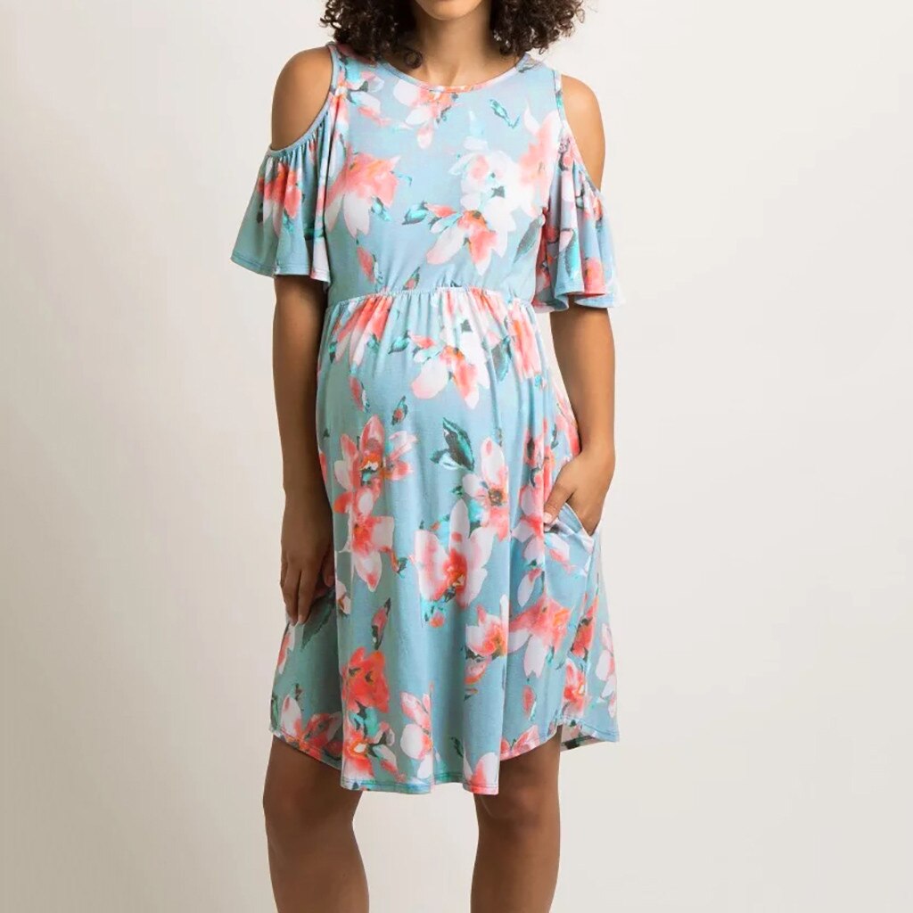 Pregnancy Dress Women's Floral Print O-Neck Short-Sleeve Dresses Robe Grossesse Maternity Dress Photography Dress Pregnant S-2XL