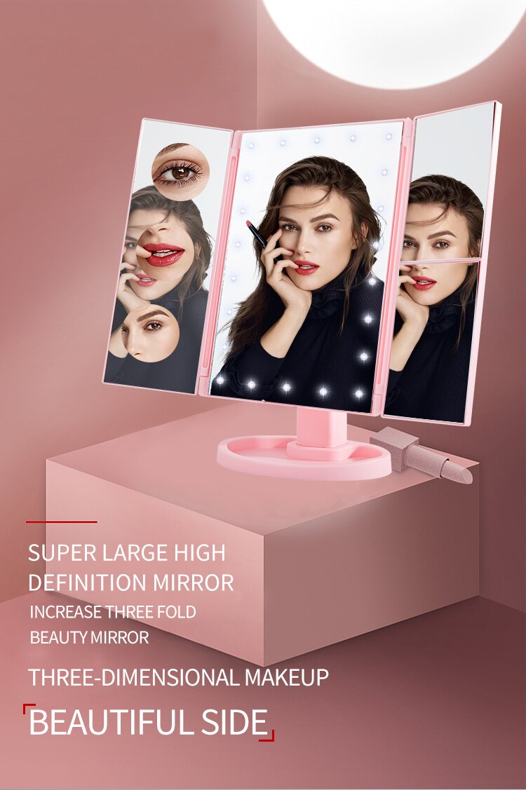Led Touch Induction MakeupMirror Three Sides Fold Bring Lamp Mirror Desktop Benchtop Mirror Originality Fold Dressing Mirror