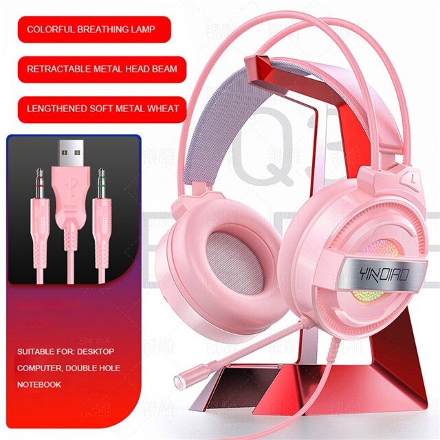 Zawód przewodowy zestaw słuchawkowy do gier radio z głębokim basem graczy słuchawki z mikrofonem światło RGB dla PS4 5 Laptop komputer dla graczy słuchawki: Pink