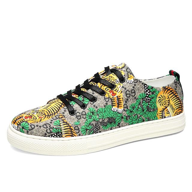 Trendy Green Tiger Print Hoge Top Schoenen Mannen Skateboard Schoenen Lederen Sneakers Mannen Zapatillas Hombre: Low Green -3279 / 42
