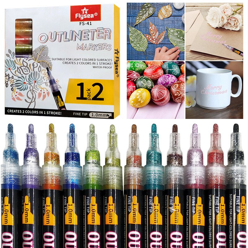 Double Line Outline Pens Doodle Outline Markers Pens Highlighter for Art, Drawing, Greeting Cards, Craft Projects, Posters: Silver 12 Colors Set