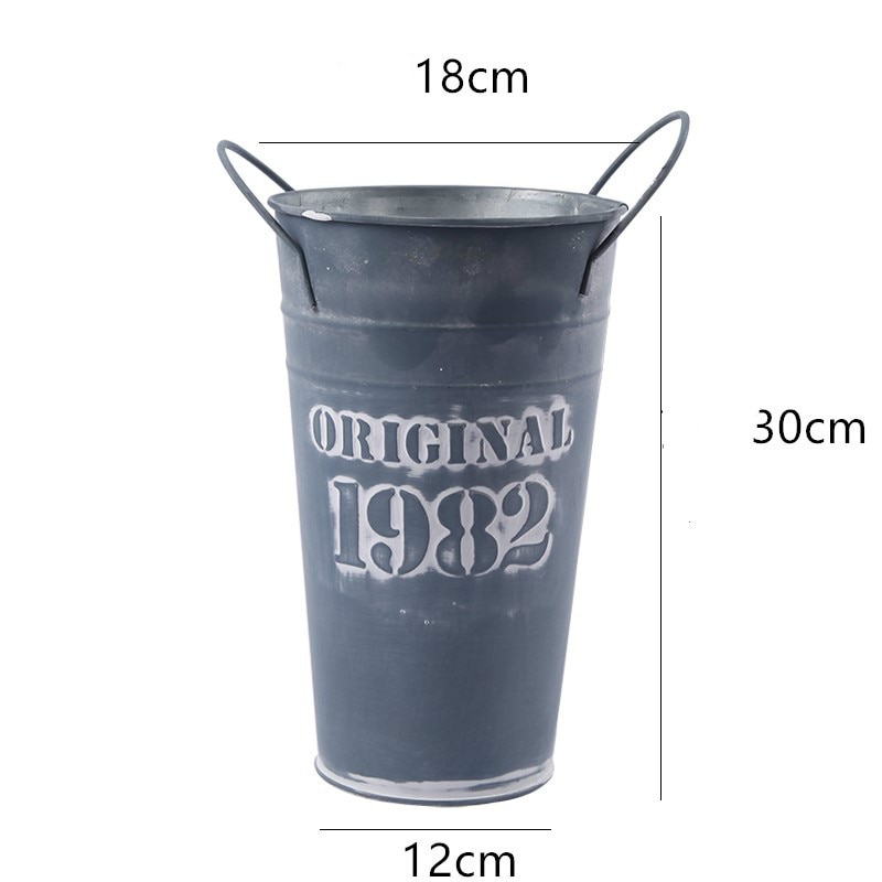 Retro White Flower Bucket Metal Flower Pot Floral Plants Iron Storage Container Garden Home Tabletop Decoration: grey 18 x 30cm