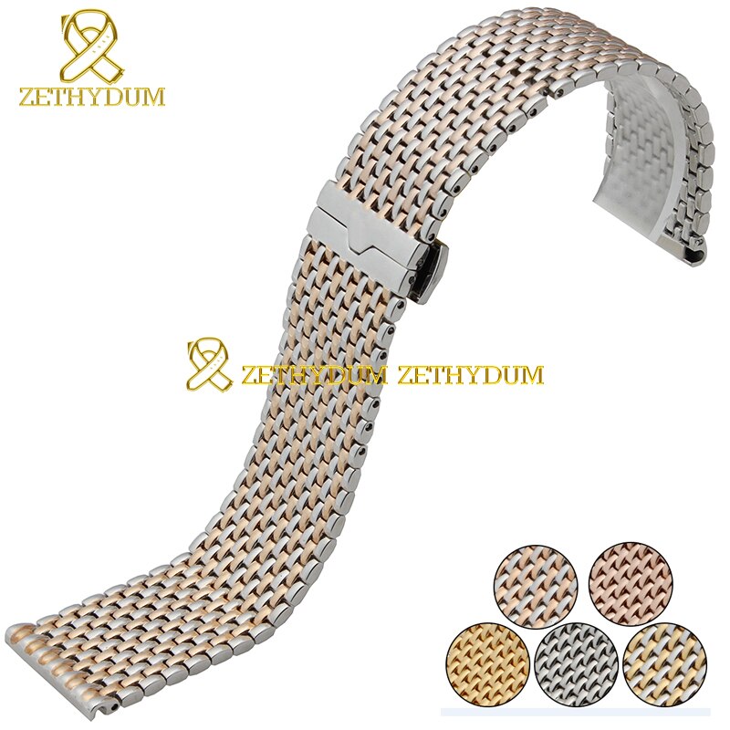 Fino sólido aço inoxidável pulseira assista bracelete banda de metal relógios de pulso em ouro rosa pulseira de prata cinto butterfly clasp 22mm