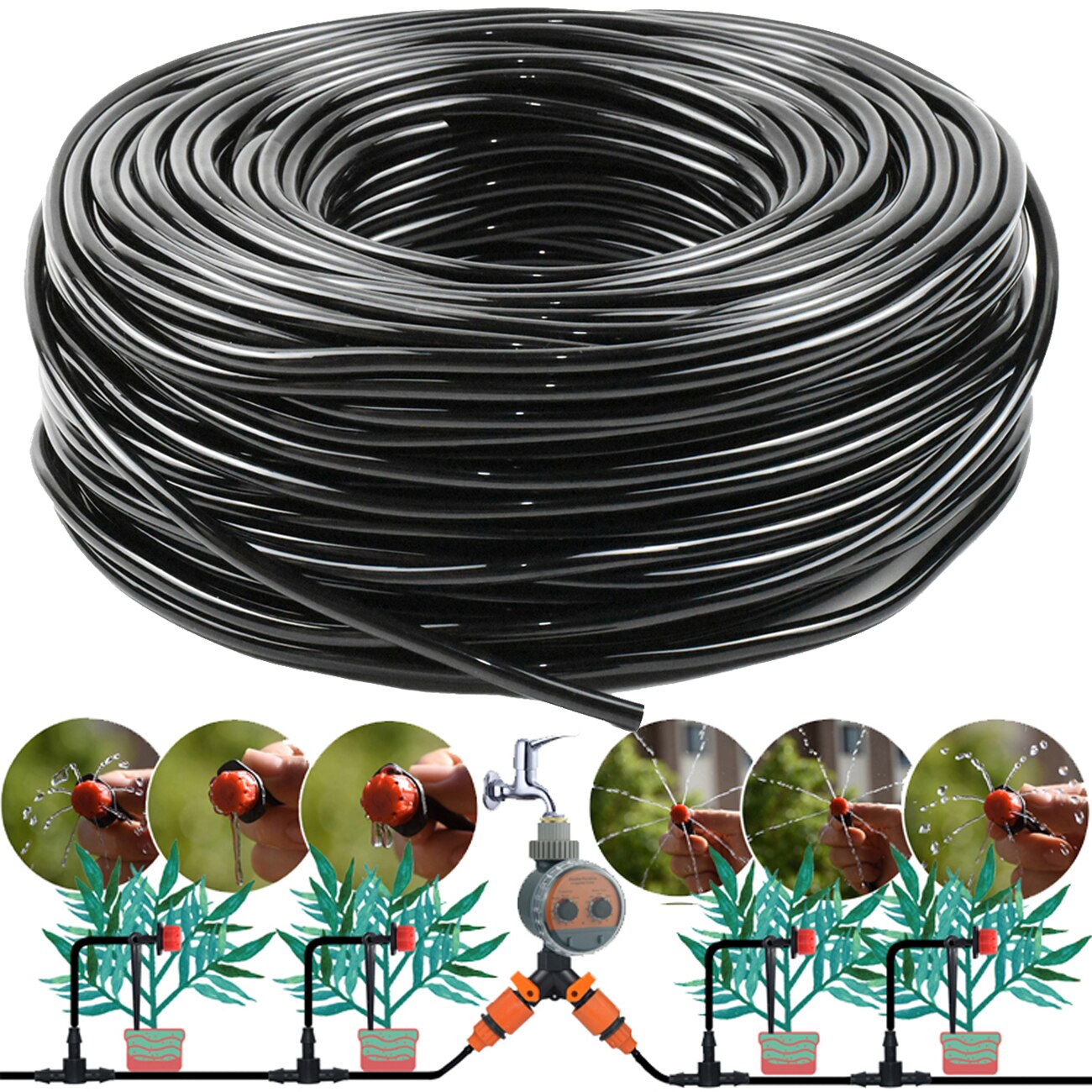 5M-30M 4/7mm Brass Tee Atomizer Nozzle Hose Garden Irrigation 1/4'' Outdoor Misting Cooling Watering System for Patio Greenhouse