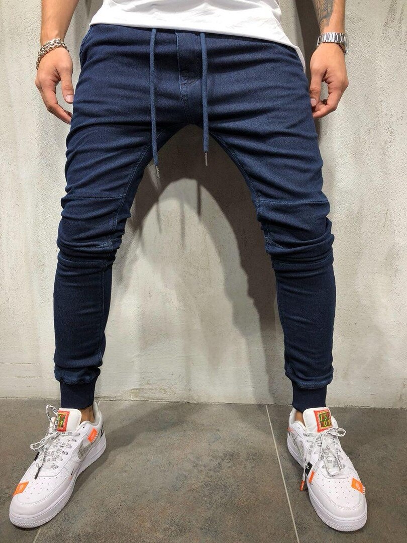 Casual mænd denim casual slim sports pencil bukser jogger mænd bukser: Flåde / M