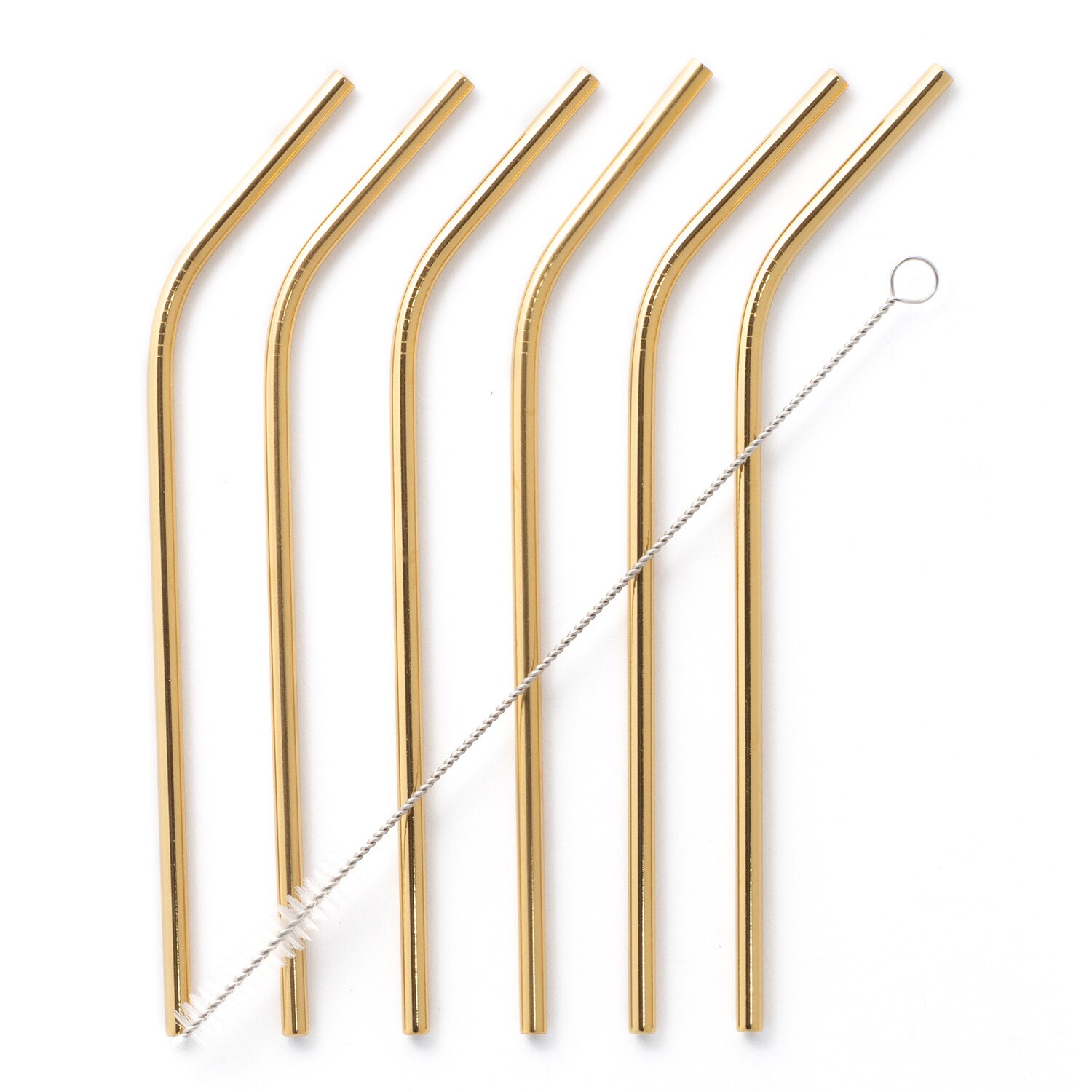SKLUM- Pack de 6 pajitas Kürv Metalizadas múltiples colores acero inoxidable con acabado brillante reutilizables incluye cepillo de limpieza: Gold