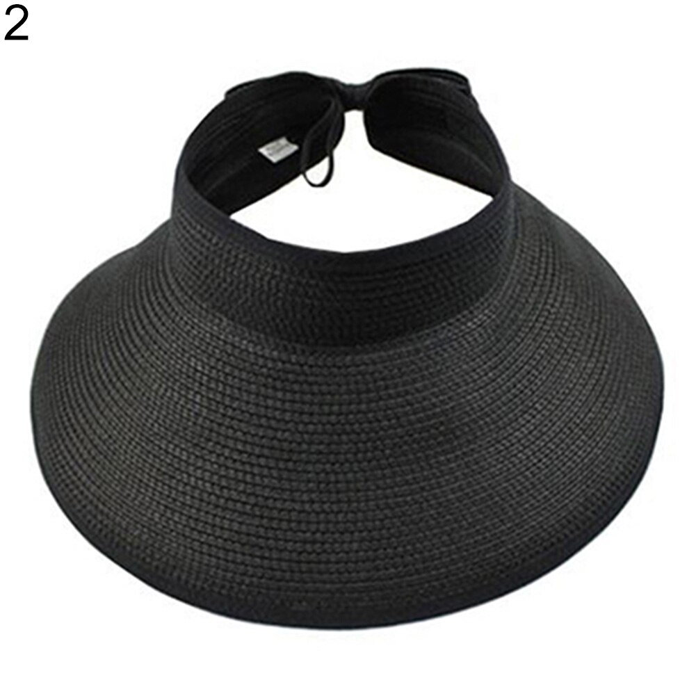 Women's Summer Wide Brim Roll Up Foldable Sun Beach Straw Braid Visor Sun Hat: Beige