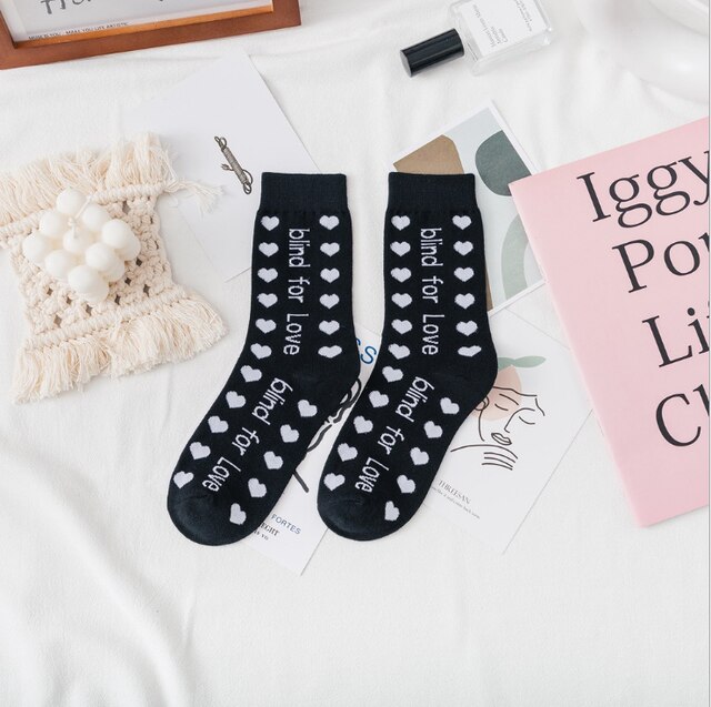Socks Children&#39;s Tube Socks Love Jacquard Female Socks Cute Girl Cotton Socks Spring And Autumn Trend Women Socks Korean: Vertical love black
