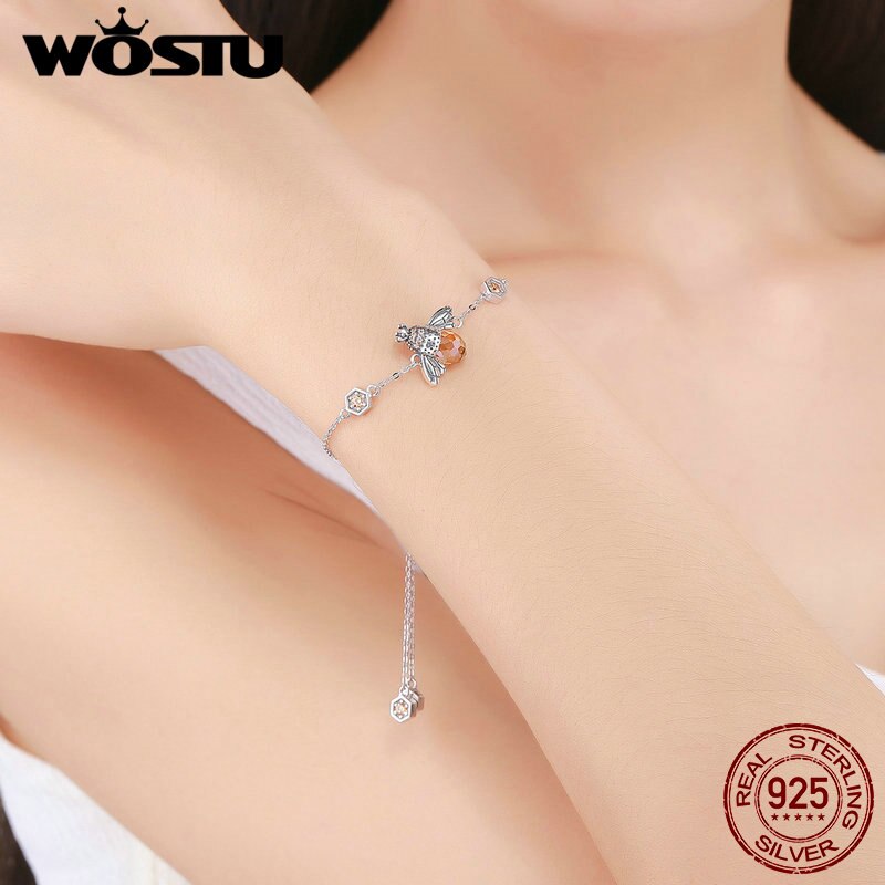 WOSTU-pulsera de eslabones de cadena de abeja para mujer, de corona de Plata de Ley 925 auténtica, pulsera de cristal de piedra grande, de joyería CQB043