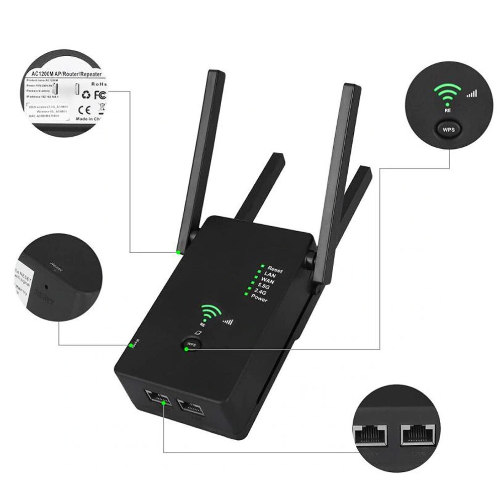 5Ghz WiFi Booster Range Extender Router Repeater Wireless AC1200M Internet Booster Range Extender Universal Dual Band For PC