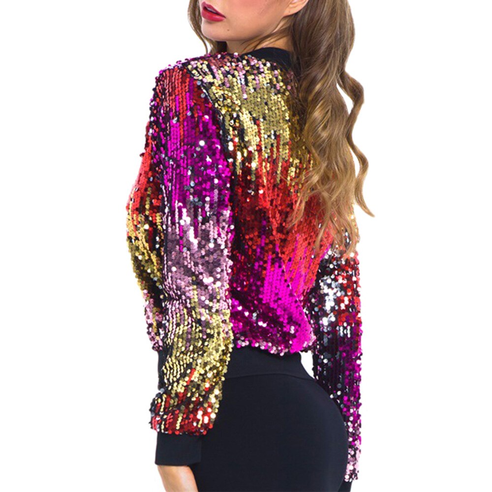 Vesear Vrouwen Mode Kort Jasje Sequin Sparkly Bomber Jassen V-hals Lange Mouwen Rits Glitter Clubwear Streetwear Chic Jas