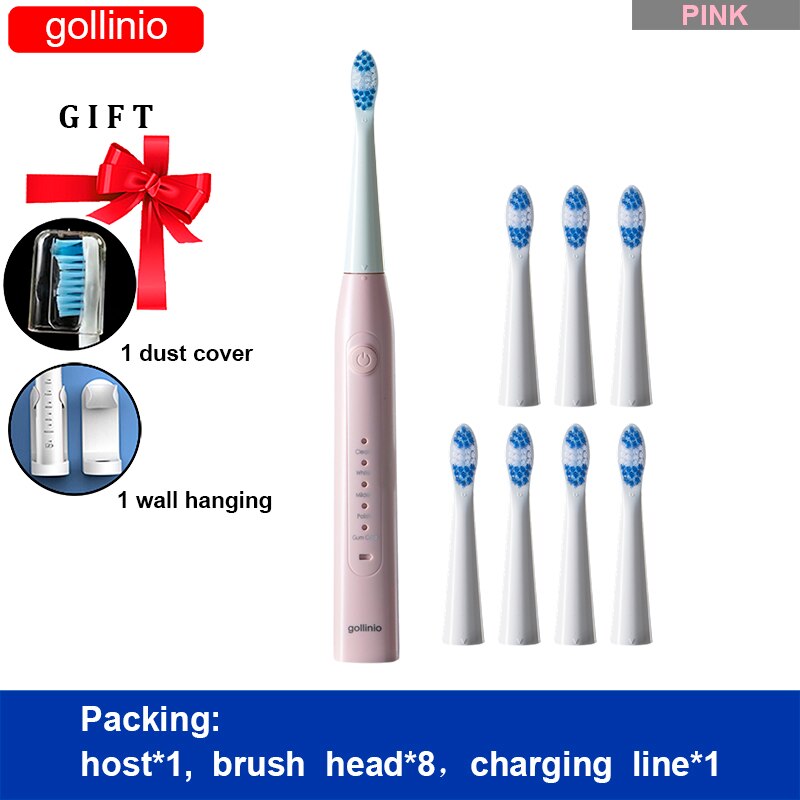 Gollinio-cepillo de dientes eléctrico recargable por Usb, dispositivo dental electrónico de carga rápida GL09A, cabezal de repuesto sónico, resistente al agua, xp7: GL09PINK8H-H