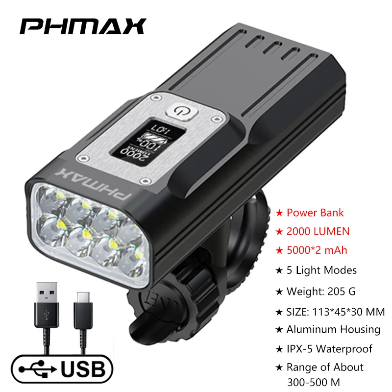 PHMAX Luce anteriore per bicicletta Faro per bici ricaricabile tramite USB 1500 lume Torcia per montagna bicicletta in alluminio impermeabile: bianca