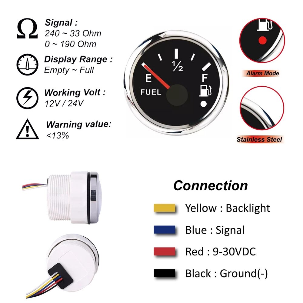 52mm Digital Fuel Level Indicator 0-190ohm Sensor 150 200 300 450 Mm Water Level Gauge With Low Warning Light Fuel Gauge