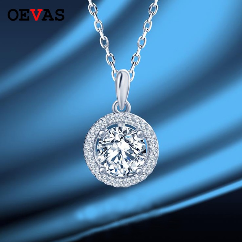 Oevas d-farbe, gra-zertifizierung, runder moissanit, 925 sterlingsilber, volldiamanten, halskette, diamantschmuck, damenschmuck, mädchen