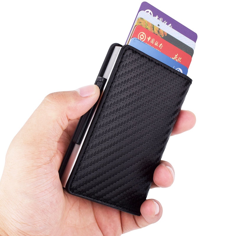Rfid Credit Card Box Case Aluminium + Leer Mode Kaarthouder Portemonnee Handleiding Slider Anti-Scan Card Cover Mannen vrouwen