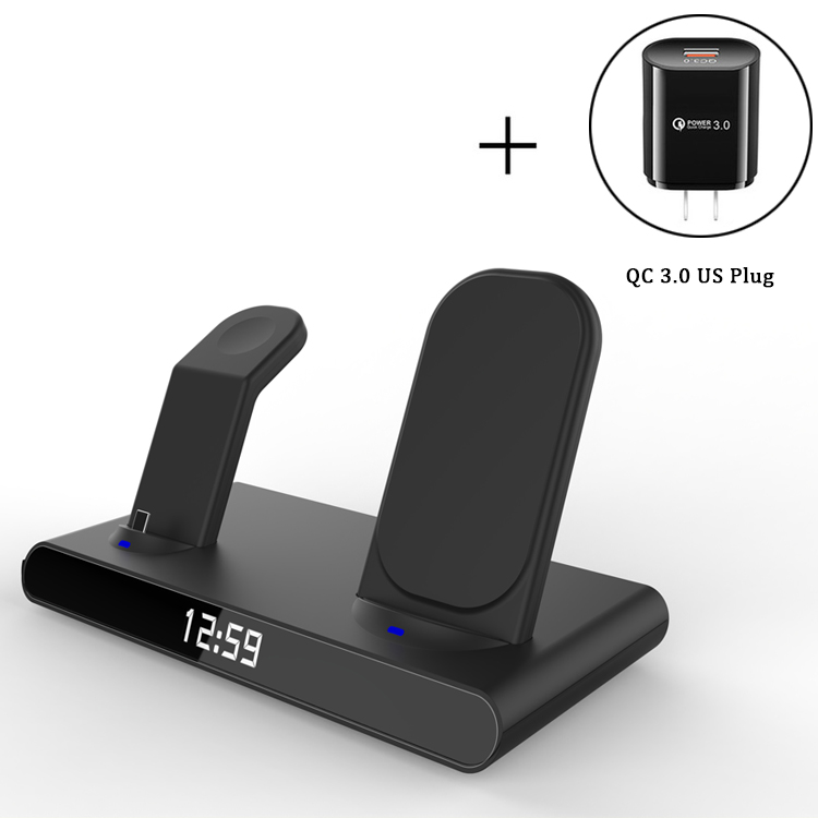 3 in 1 kabellos Ladestation Für iPhone 13 12 11 Profi Max/Apfel Uhr/AirPods LED Digital wecker Drahtlose Ladegerät Stehen: Schwarz-uns Stecker