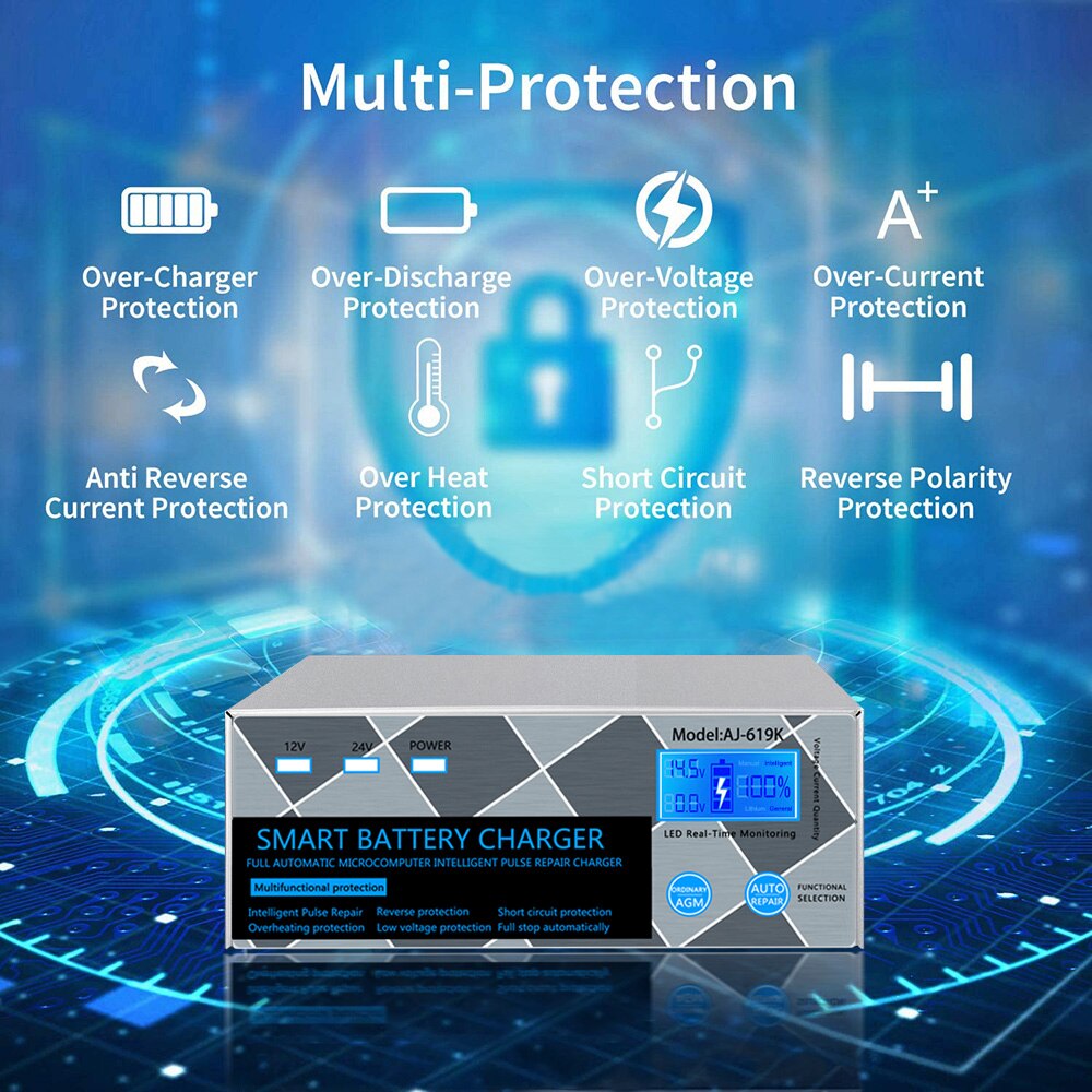 car battery charger pulse repair 12V 24V 15A for lithium iron lead acid AGM start-stop batteries motorcycle auto charger