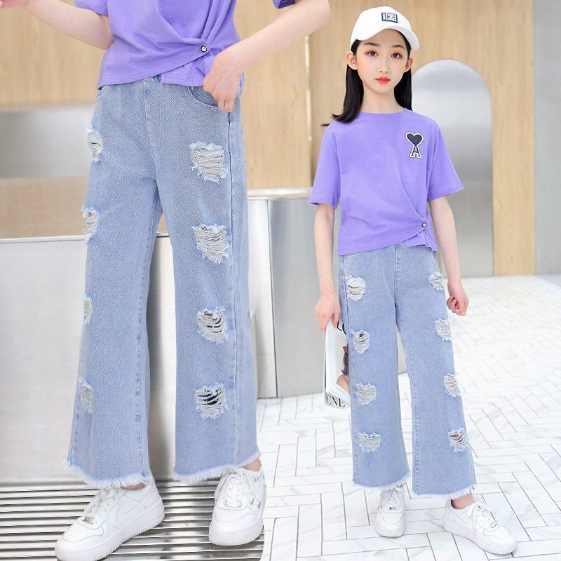 Teen Girls Fashion Jeans tinta unita cuore strappato stile coreano Denim di alta qualità pantaloni larghi pantaloni alla caviglia 4-14Y bambino