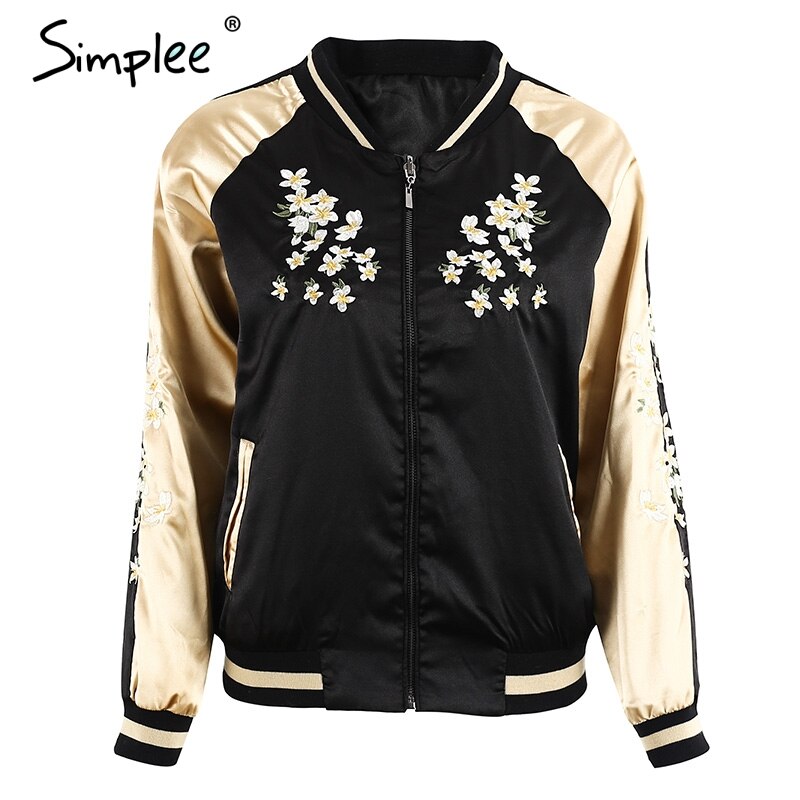 Simplee Vintage embroidery basic jacket coat Autumn street satin bomber jacket Women reversible baseball jackets sukajan: XXL