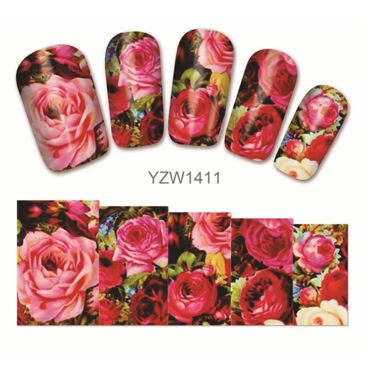 1 pieza de calcomanías para uñas, pegatinas de transferencia de agua, flores románticas, rosas, marcas de agua, deslizador, decoración de uñas, manicura: YZW1411
