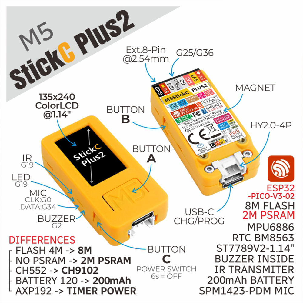 M5Stack M5Stickc plus2 ESP32-PICO Kit de desarrollo IoT Pantalla TFT de 1,14 pulgadas Dispositivo portátil tipo reloj para controlador IoT