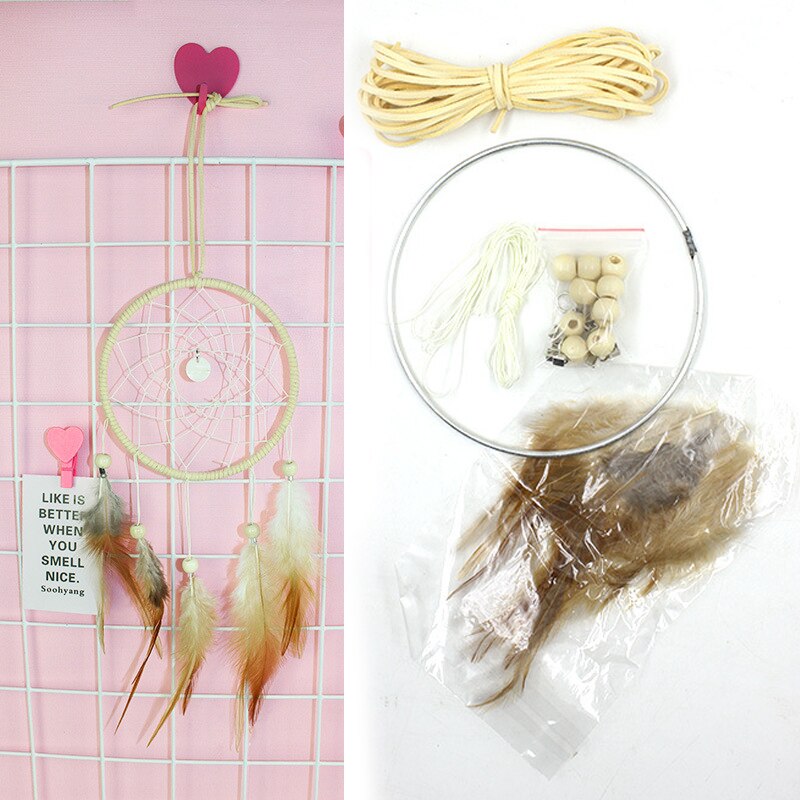 Färgglada drömfångare kit fjäderdekoration vägg hem plantskola dekor fjäder set hantverk drömfångare själv material hantverk: Beige