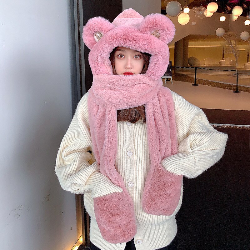 Bear Hat Scarf Big Bear Ear Scarf Hat One Female Winter Cute Plush Scarf Warm Thick Hat: white