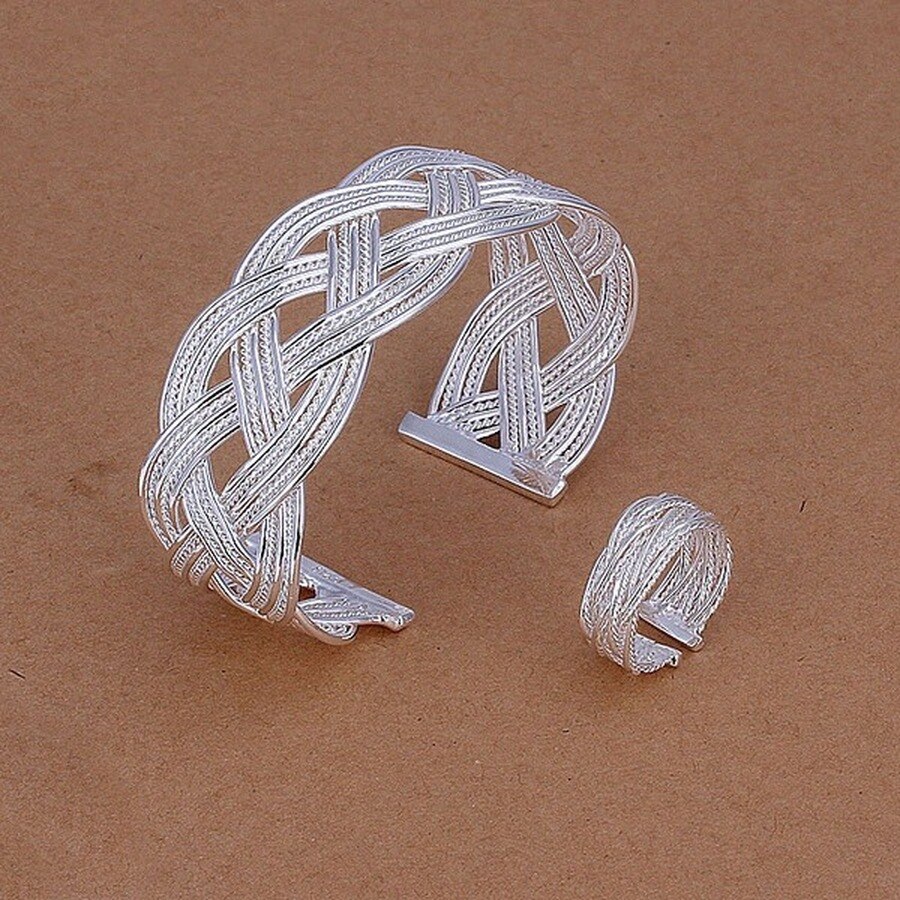 Conjunto de joyería de plata 925 para mujer, brazalete abierto, anillo, pulsera, , S310