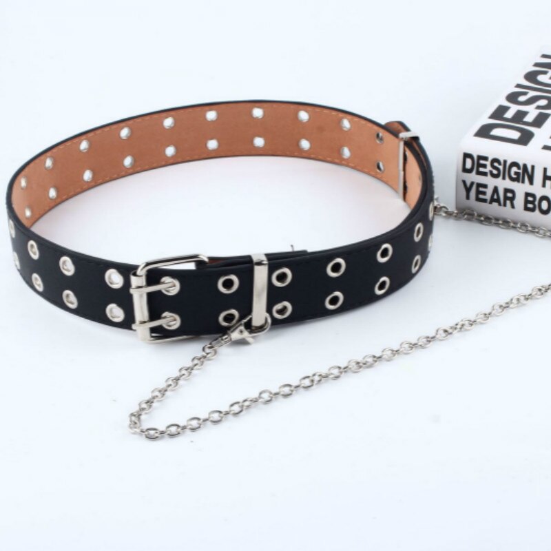 Vrouwen punk ketting riem verstelbare zwarte dubbele/enkele oogje ring leren gesp riem: Dubbelzwart
