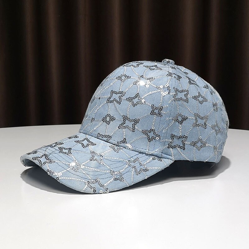 Lente Unisex Denim Pailletten Baseball Cap Voor Vrouw Casual Alle-Wedstrijd Hoed Outdoor Reizen Strand Zonnehoed hip-Hop Cap: Sky Blue