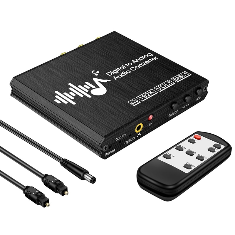 Digital to Analog Audio Converter 192KHz with Volume Control Bass Adjustment and Remote Control: Default Title