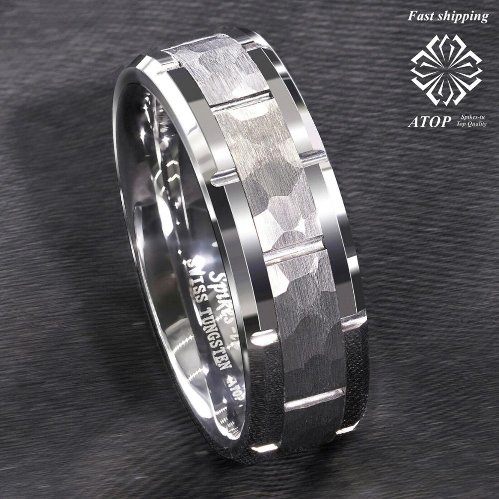 8mm carbure de tungstène martelé motif brossé bague de mariage au sommet des hommes bijoux