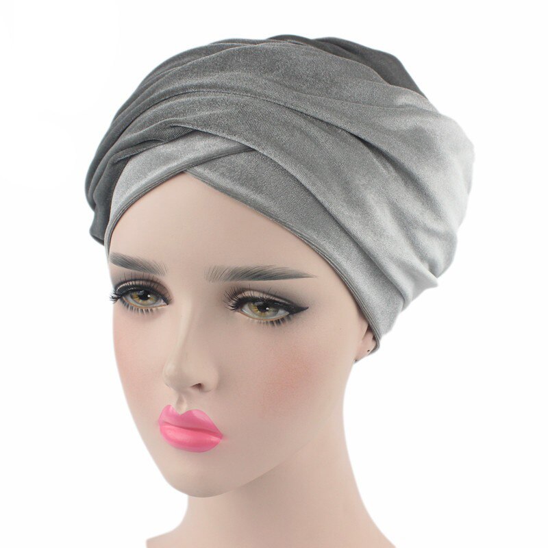 Women Velvet Muslim Wrapped Head Turban Scarf  Hat Long Tail Style Elegant Female Head Wraps Solid Color Party Turban Headwear