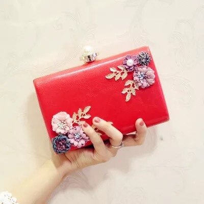 Mode Vrouwen Lederen Avondtasje Etentje Lady Bruiloft Bloem Clutch Purse (Wit): Rood