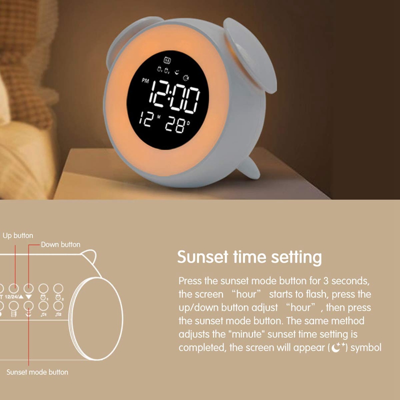 Kids Alarm Clock Press Control Night Light for Bedrooms, Multiple Alarm Sounds Sunrise and Sunset Simulation, Snooze Function Wa