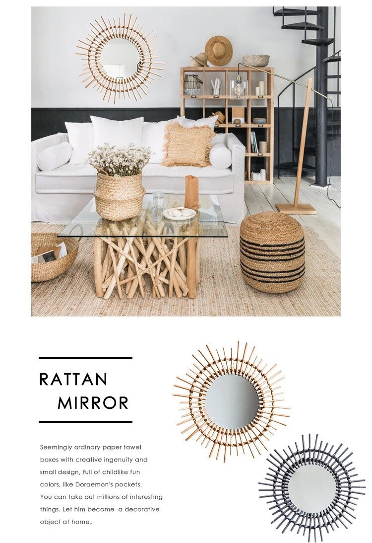 Espejo de ratán para el hogar, espejo artístico con forma de sol, espejo decorativo colgante para pared de salón, Espejos de maquillaje para habitación, decoración de pared de ratán