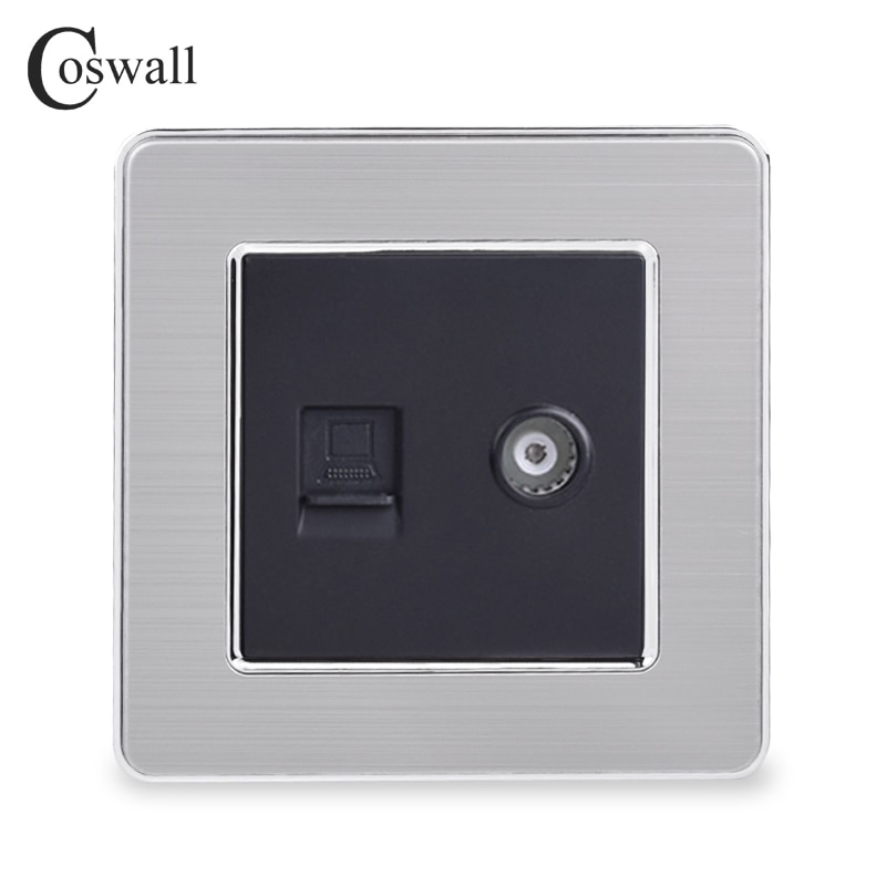 COSWALL RJ45 Internet Data Computer Jack CAT5E Connector With Female TV Outlet Stainless Steel Brushed Panel Wall Socket