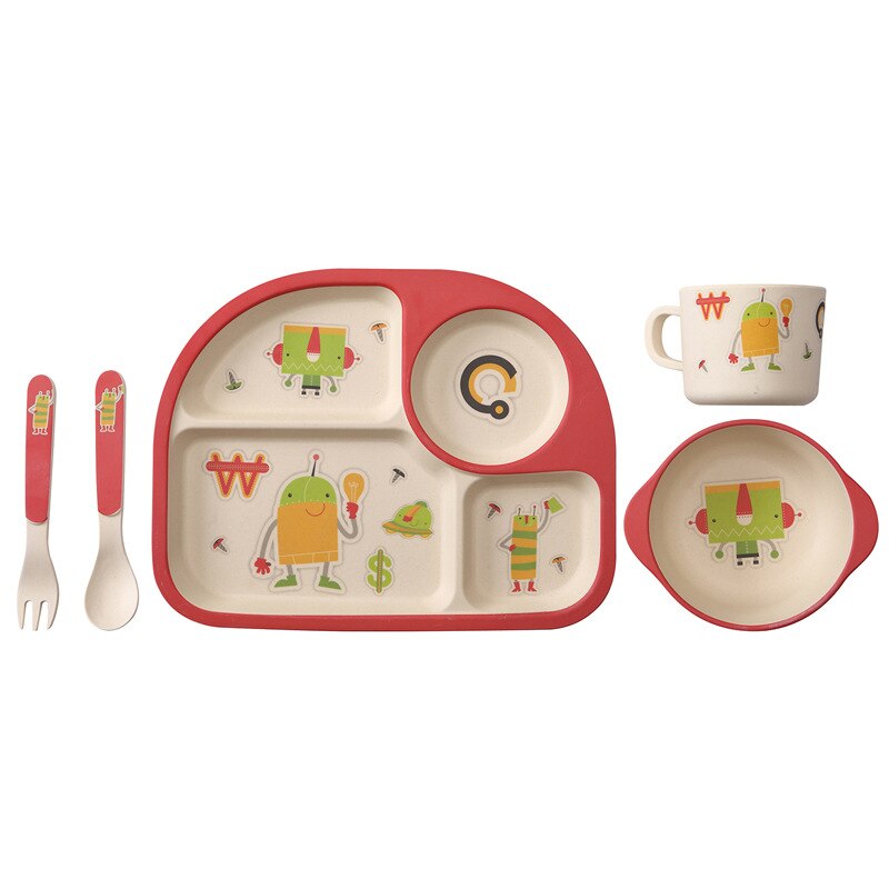Cubertería de cuatro platos para niños de fibra de bambú, cubertería portátil con dibujos bonitos para bebé, tenedor, vajilla para bebé: B