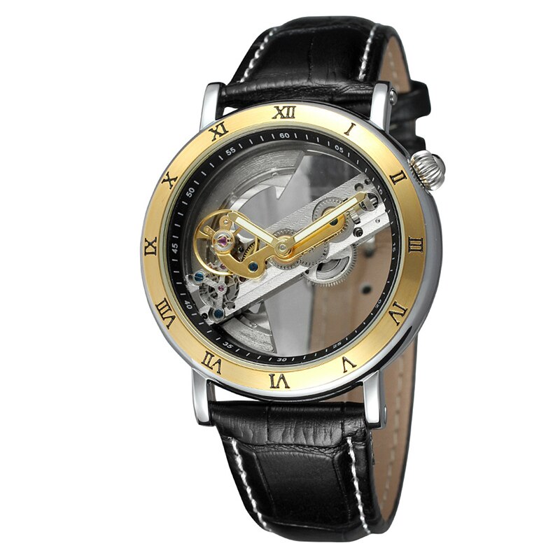 Speciale Transparante Case Skeleton Sport Mannelijke Waterdichte Mechanische Horloges Heren Lederen Automatische Tourbillon Horloges: gold black