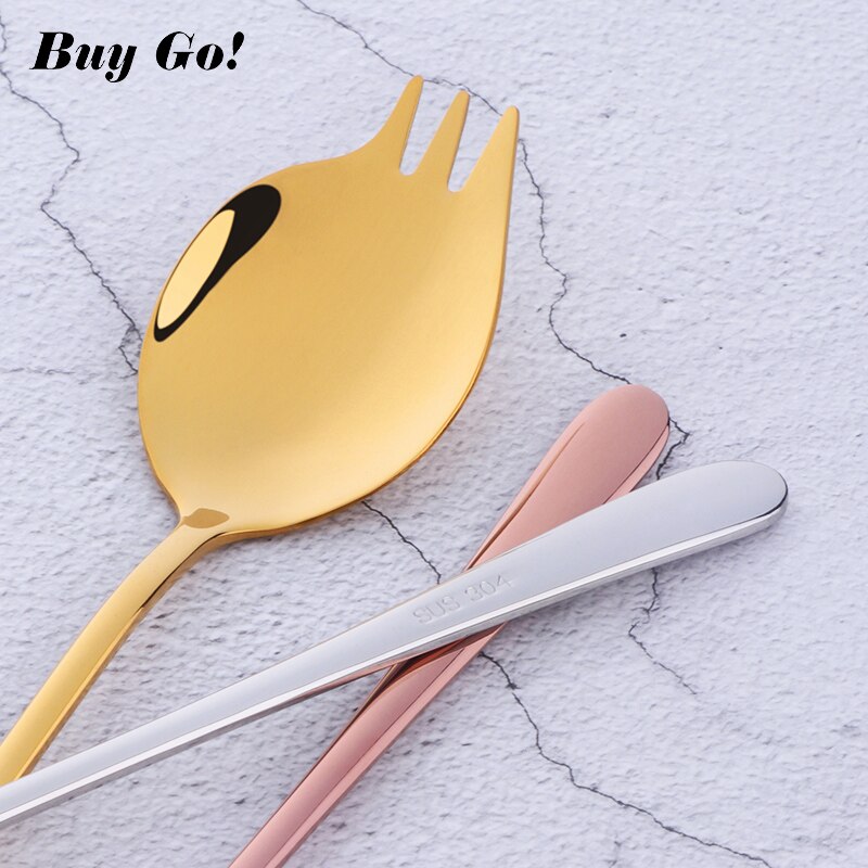 2 in 1 Salad Forks Spoon 304 Stainless Steel Three Tooth Multifunction Dessert Snack Fruit Forks Kitchen Tableware
