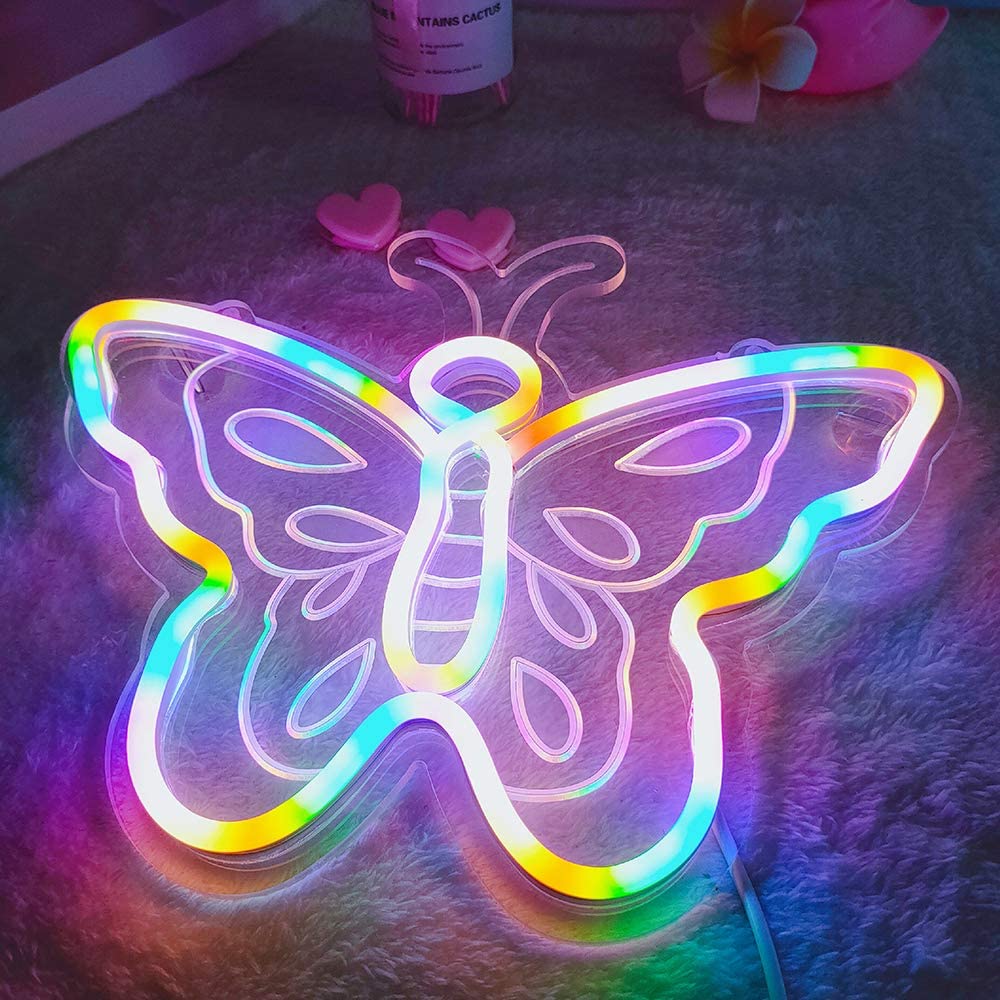 Regenboog Vlinder Kroon Light Sign Usb Powered Kleurrijke Dimbare Schakelaar Led Neon Teken Voor Slaapkamer Shop Bar Aanmelden Party Decoratie