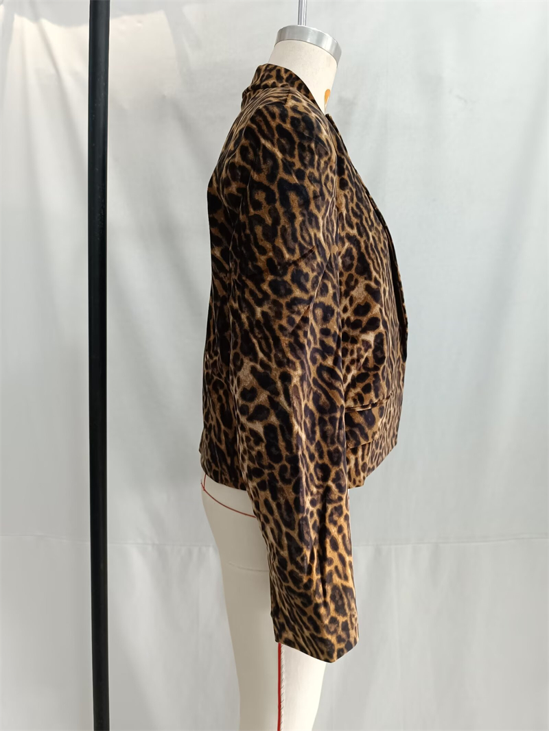Keyanketian høst/vinter dame leopardprint fløyelsdress retrostil løs avskåret blazer med klafflommer og yttertøy