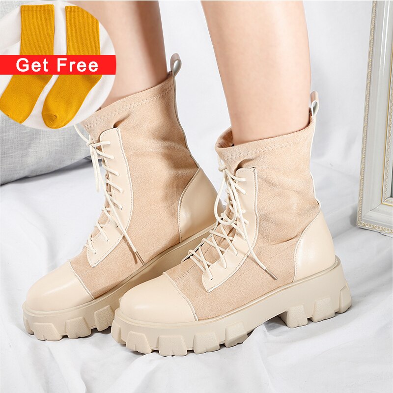 Vrouwen Sok Laarzen Pu Lederen Dames Platform Enkellaars Vrouwelijke Slip Op Flock Ronde Neus Schoenen Kantoor Voor Vrouw Botas mujer Mode: Beige1 / 6.5