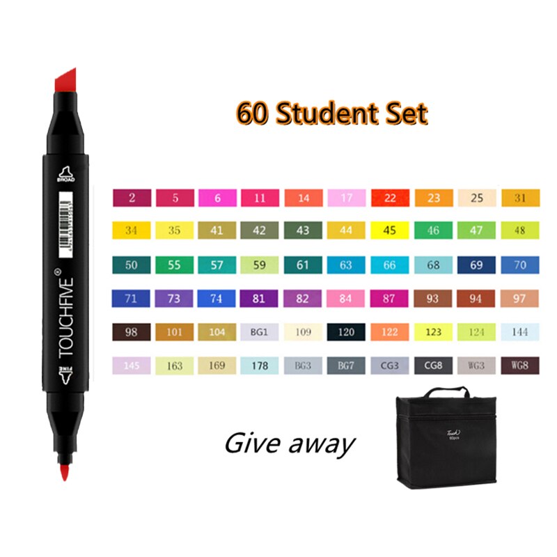 TOUCHFIVE-rotuladores de doble punta para dibujo, marcadores gráficos de Alcohol para bocetos, suministros de arte, 12, 36, 48, 80 y 168 colores: 60Colors student set