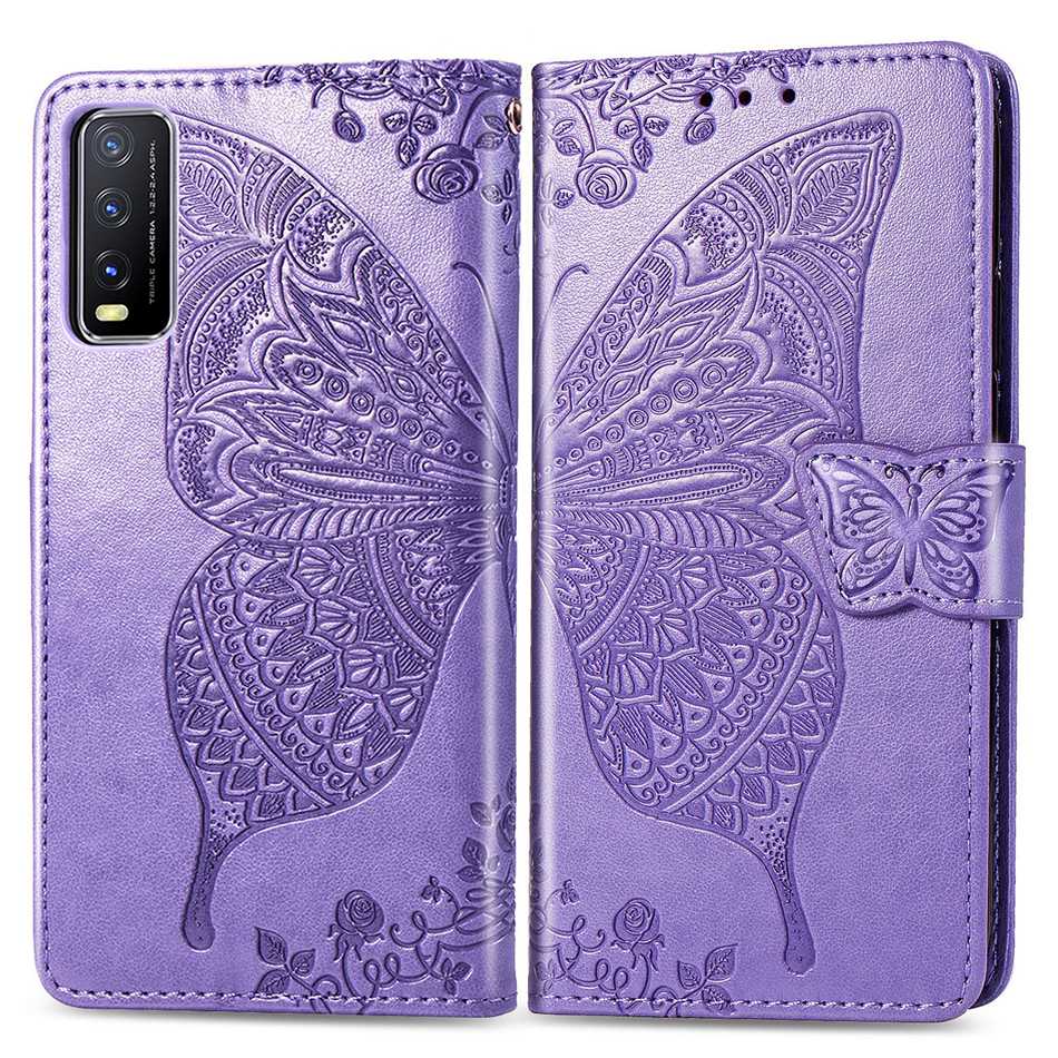 Für Vivo Y20 Fall Flip Brieftasche Leder Fall Auf Für Vivo Y20 Abdeckung Schmetterling Mmbossing Telefon Fällen: Light Purple