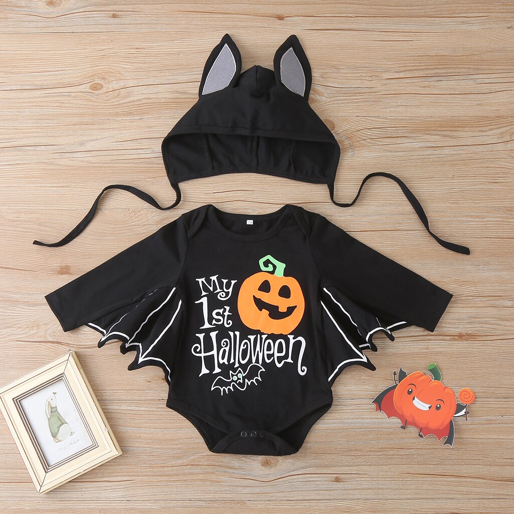 FOCUSNORM Halloween 0-24M recién nacido niñas niños bodys + sombreros 2 uds de manga larga con estampado de dibujos animados monos trajes