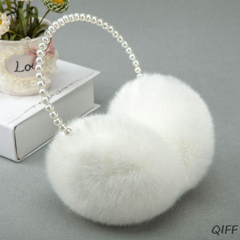 Women Girls Winter Fluffy Plush Earmuffs Imitation Pearl Beaded Headband Thicken Ear Warmer Princess Kids Party Styling Headwear